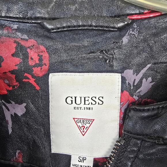Guess Faux Leather Moto Jacket Black Rose Floral Biker Core Witchy Vamp Goth SP - Picture 7 of 11